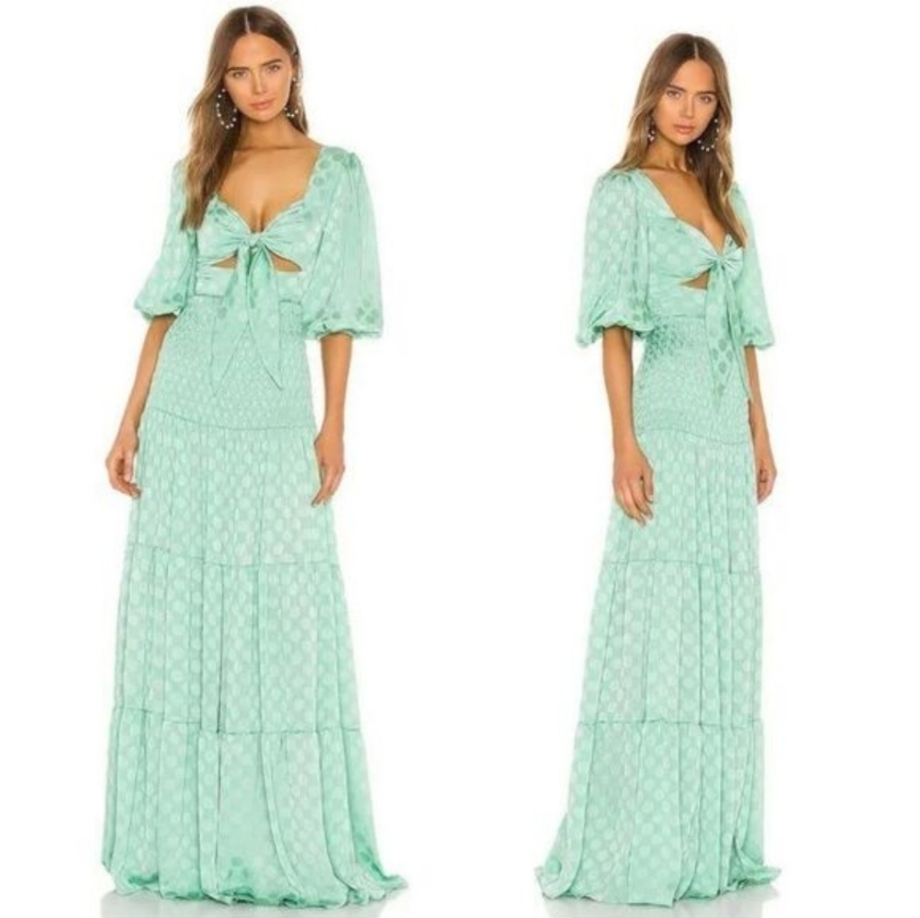Patbo Satin Dot Cutout Maxi Dress Smocked Tie Front Tiered Skirt Aqua Us 2